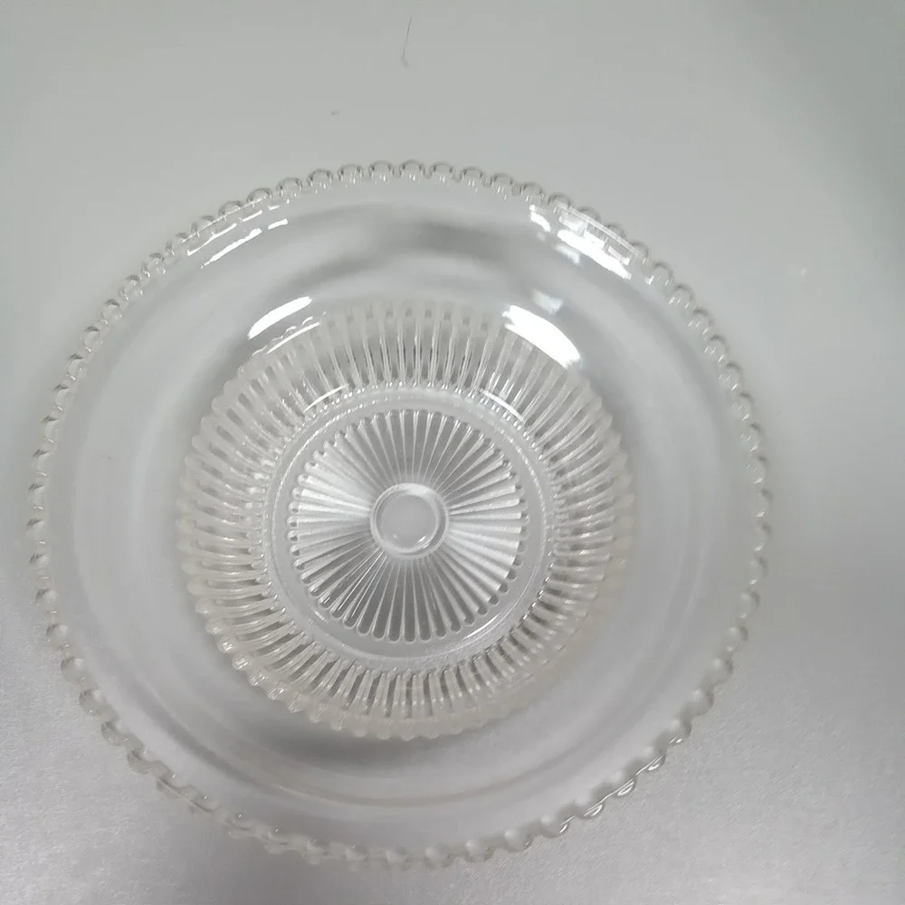 Vintage Clear‎ Pressed Glass Serving Bowl Beaded Rim Sunburst Ribbed 9.25 Inch